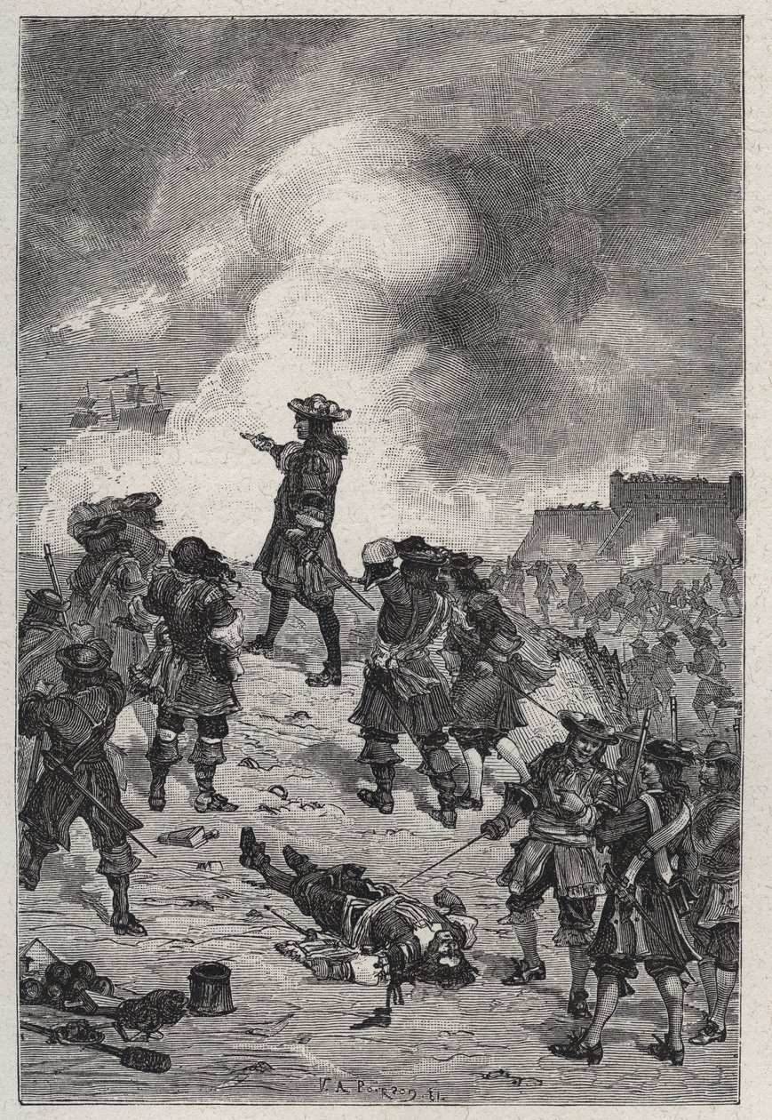 Sebastião o Prestre seigneur de Vauban (1633-1717), marechal da França defende Brest contra um ataque da frota inglesa em 1695 - gravação em "Les Hommes Celebres de la France" de Louis Dumas 1889 de French School