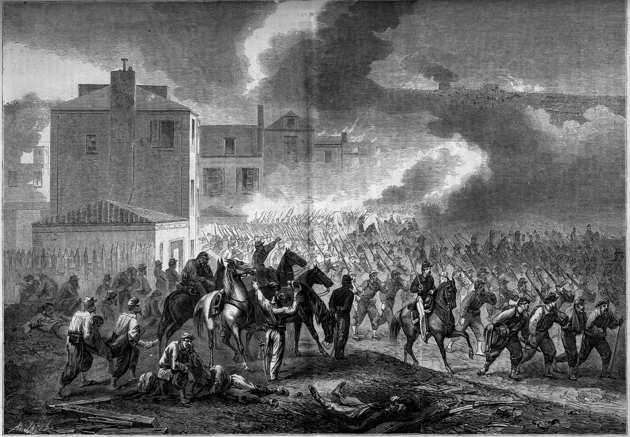 Guerra da Secessão (1861-1865) ou Guerra Civil Americana: evacuação da cidade de Corinto (Mississippi) em 1862. Gravura no "Le Monde Illustré" n°275 de 19 de Julho de 1862. de French School