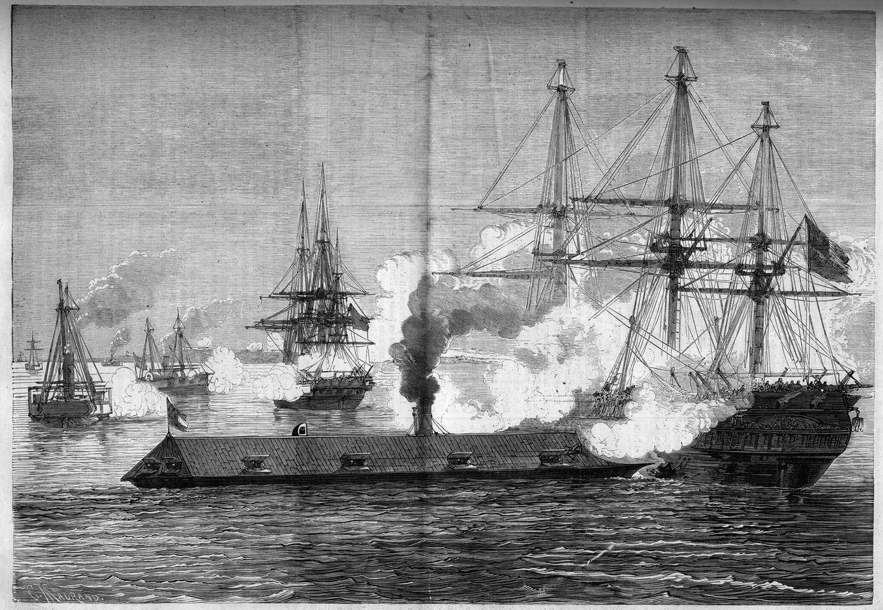 Guerra da Secessão (1861-1865) ou Guerra Civil Americana - Batalha Naval de Newport News (Virginia) - 8 a 9 de março de French School