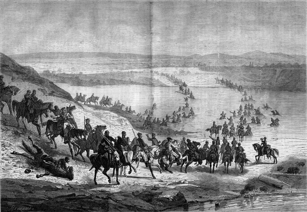 Guerra de Secessão (1861-1865) ou Guerra Civil Americana: atravessando o Potomac pela cavalaria sulista do General Stuart. Gravura em "Le Monde Illustré" n°293 de 22 de novembro de French School