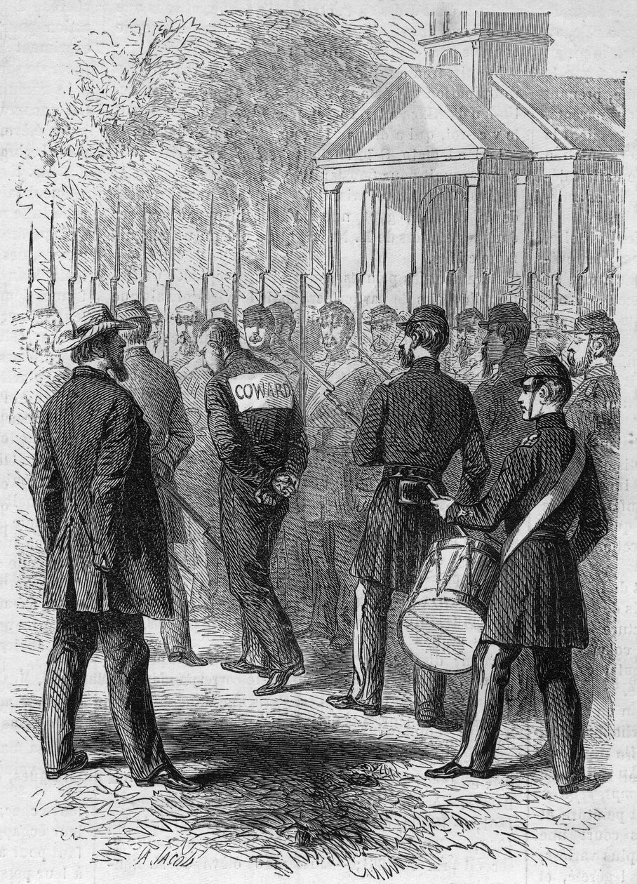 Guerra de Secessão (1861-1865) ou Guerra Civil Americana: punição de um soldado da arma do norte acusado de hete em combate. Com as mãos atadas, um sinal de "dor" nas costas, ele atravessa o acampamento ao som do tambor. Gravação em "Le Monde Illustré" n° de French School