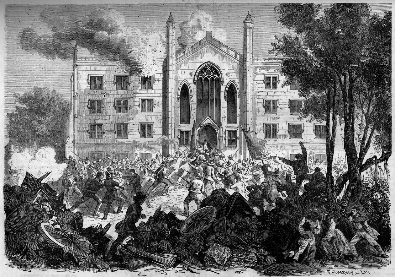 Secession War ou Guerra Civil Americana (1861-1865) - Nova York - Julho 1863: oposição ao alistamento, insurgências incendiam o asilo dos órfãos de cor na cidade de Nova York durante os "Draf Riots". Gravura no "Le Monde Illustré" n°331 de 15 de agosto de French School
