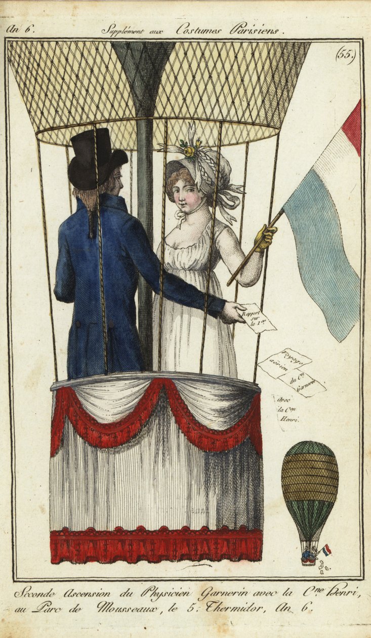 Segunda subida de balão do Dr. Andre-Jacques Garnerin, 8 de Julho de 1798 (gravação em chapa de cobre colorida à mão) de French School
