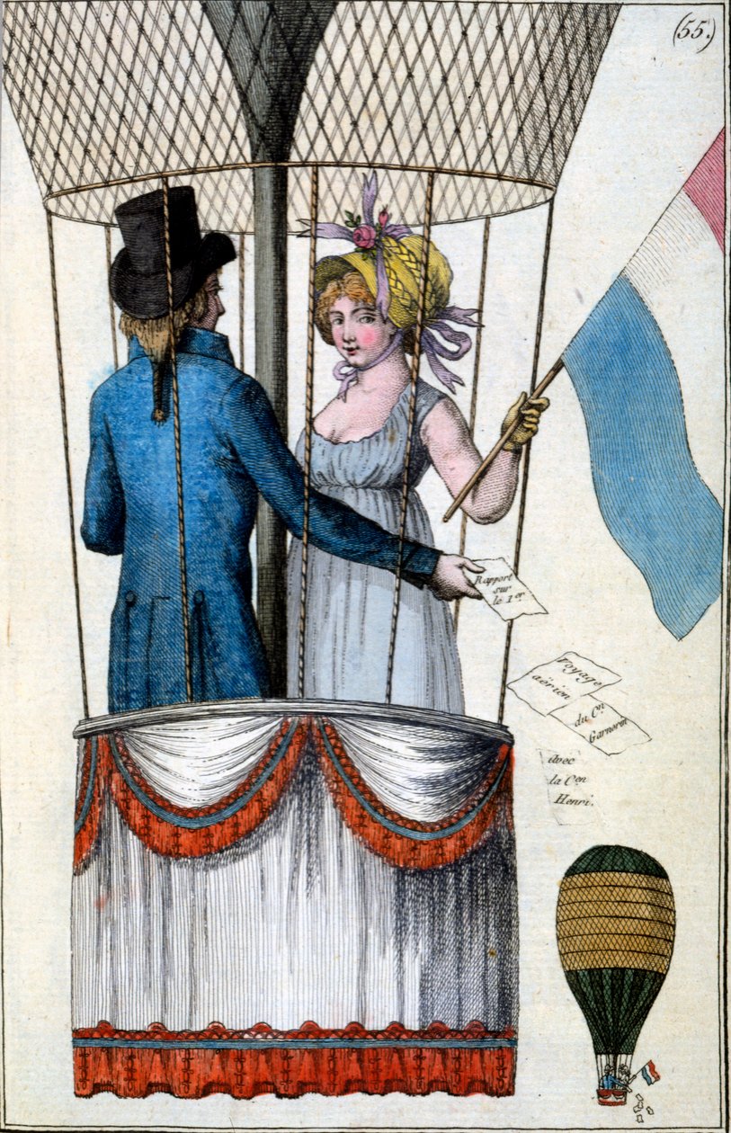 Segundo voo de Garnerin com Citoyenne Henri do Parc Monceau, 8 de julho de 1798, de Costumes Parisiens, c.1798 de French School