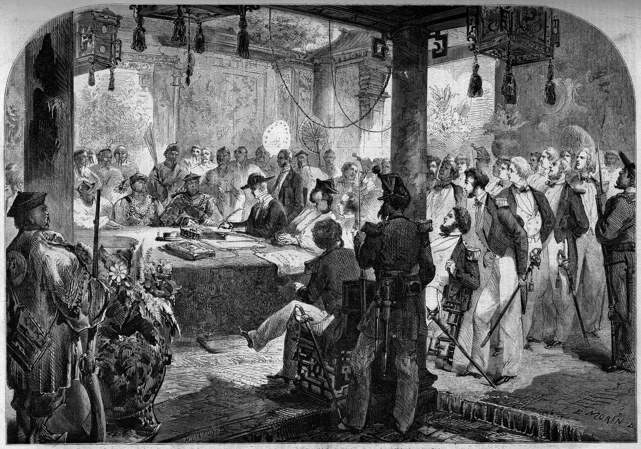 Segunda guerra do ópio entre França e Inglaterra e China (1858-1860) - assinatura do Tratado de Tianjin (Tientsin) em 1858: embaixadores inglês e francês Lord Elgin (James Bruce de French School