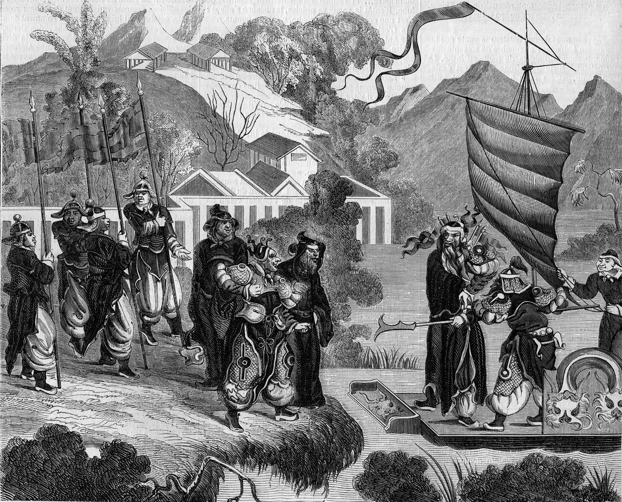 Segunda guerra do ópio entre França e Inglaterra e a China (1858-1860): A caricatura chinesa do conflito. Um barco está pronto para se aproximar da costa sob o olhar zombeteiro de um grupo de chineses. A bordo do barco, dois caracteres representando a Fran de French School