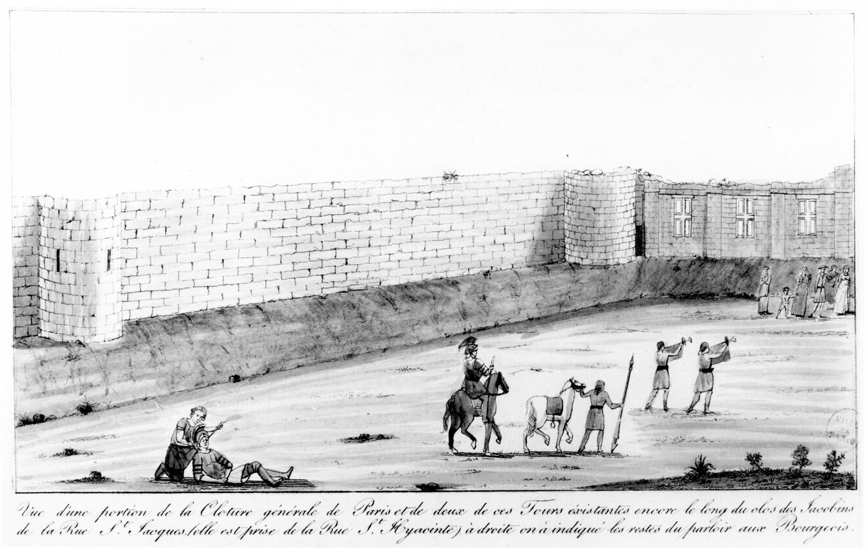Seção da muralha da cidade de Paris à margem construída entre 1190 e 1209 sob as ordens de Philippe II Auguste, final do século XVIII (wc no papel) de French School