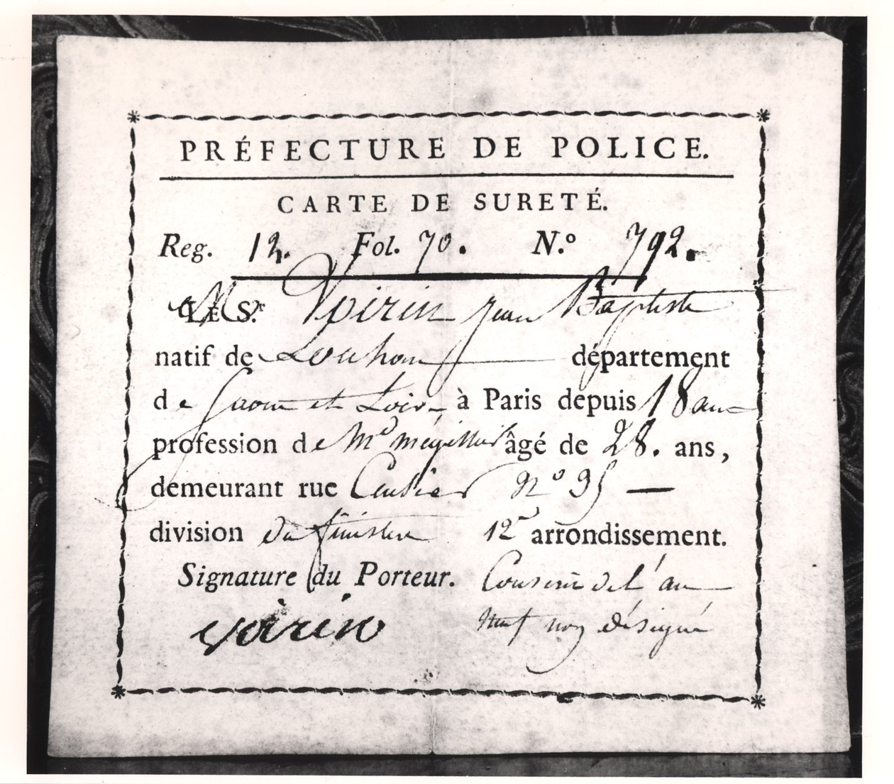 Cartão de segurança, 1808 (caneta e tinta no papel) de French School