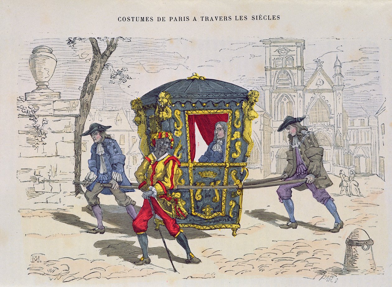 Sedan cadeira no século XVI, de trajes de Paris um Travers les Siecles, publicado de 1887 (gravura a cores) de French School
