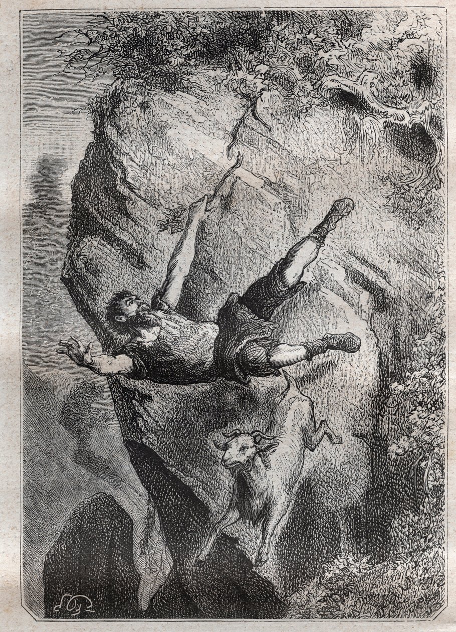 Selkirk rolou para cima e para baixo com sua presa; uma aventura de Alexandre Selkirk (Alexander Selcraig) (1676-1721), um marinheiro escocês abandonado na ilha de Juan-Fernandez no Oceano Pacífico) por quatro anos cuja aventura inspirou o romance de Danie de French School