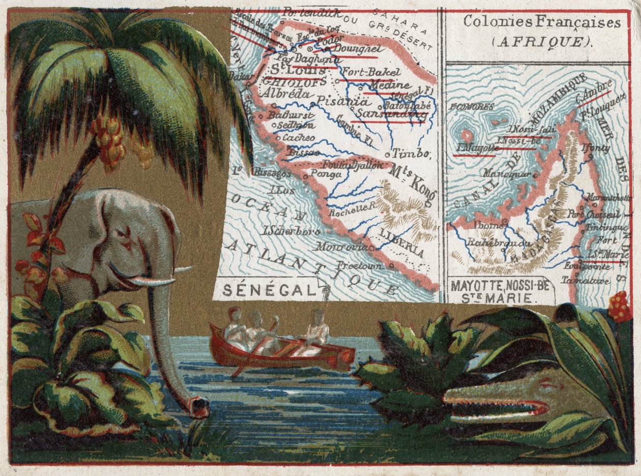 Senegal, Mayotte, Ile de Sainte Marie, Nossi Be (Nossi-be ou Nosy-be ou Nosy be), África. Elefante, crocodilo e barco em um rio. Série sobre as colónias francesas. Chromolitografia (Chromo) "o fio geográfico", por volta de 1920. Colecção privada. de French School