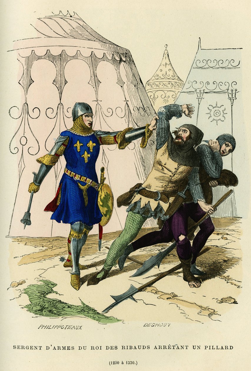 Sargento de armas do rei dos ribauds (líder das milícias irregulares estabelecidas por volta de 1189 por Philippe Auguste (ou Philippe II da França 1165-1223), com certas funções policiais) prendendo um saqueador (1290 a 1330). Gravura a cores, em "França de French School