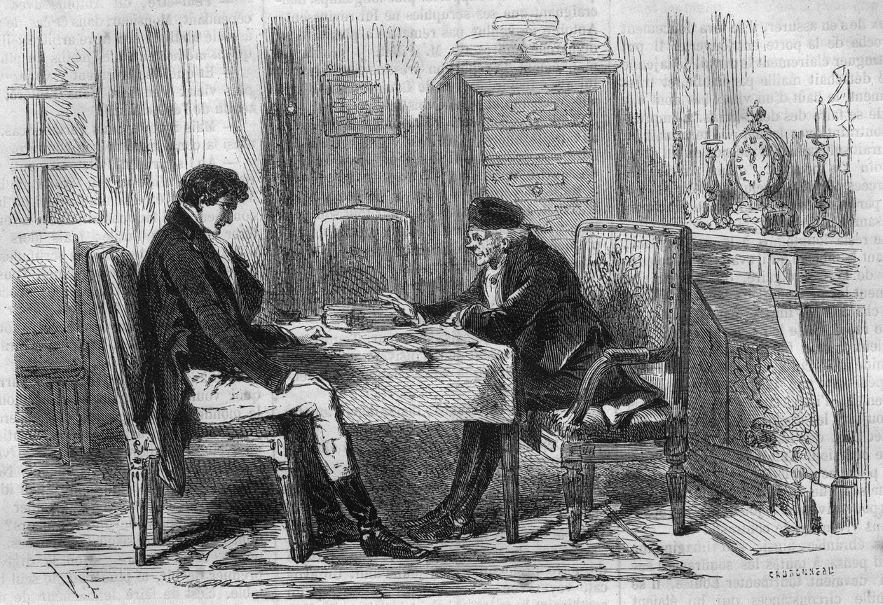 Romance da série: "Ricos e pobres" de Emile Souvestre (1806-1854). Dois homens falando: "Scruples nunca torturaram ninguém." Gravação em "Les bons romances". de French School