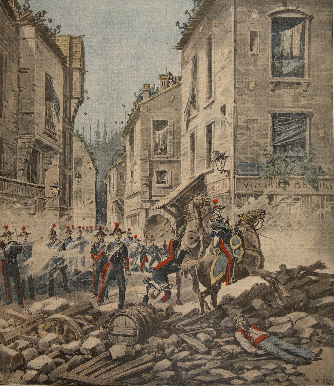 Problemas sérios na Itália: tumultos em Milão, ilustração do Le Petit Journal: suplemento ilustrado, 22 de maio de 1898 de French School