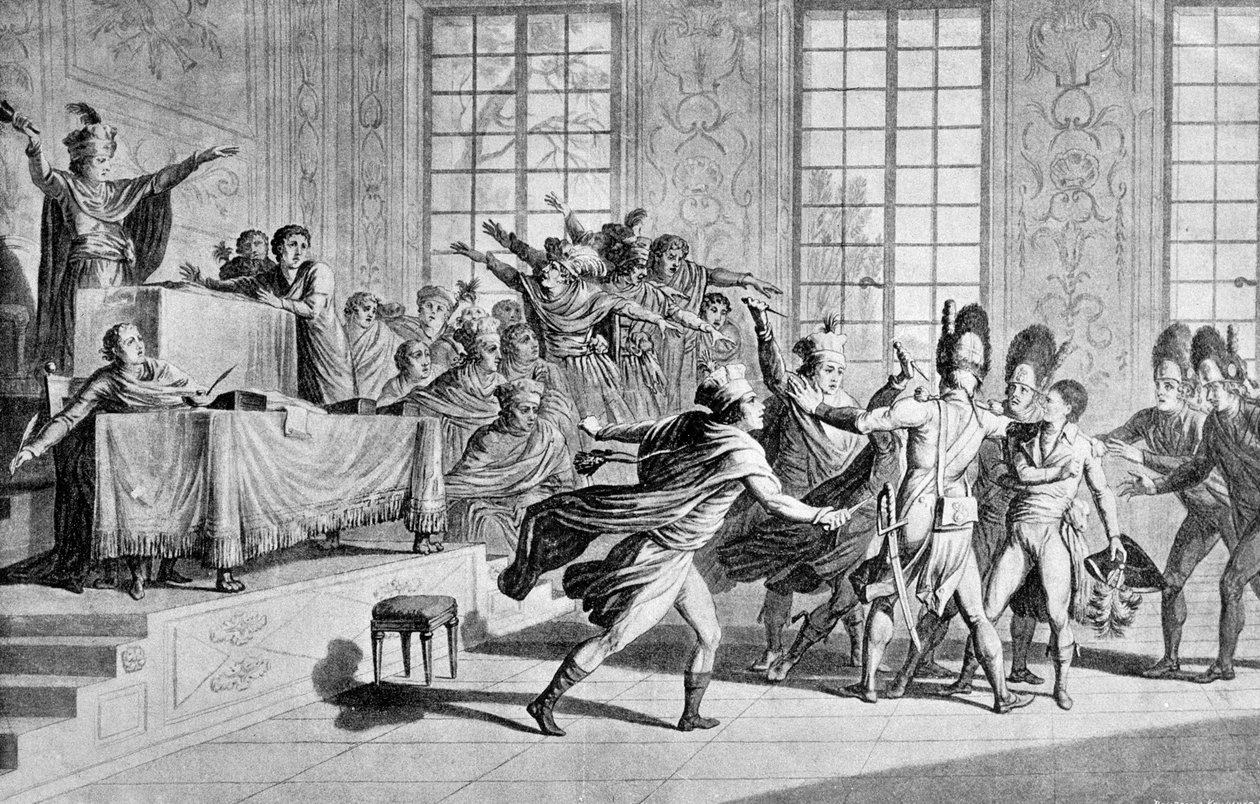 Sessão da legislatura na orangerie de St Cloud: aparição de Bonaparte e dia da libertação do 18º nevoeiro do ano VIII na Câmara do Conselho dos Cinco Cêntimos (Sala dos 500) de French School