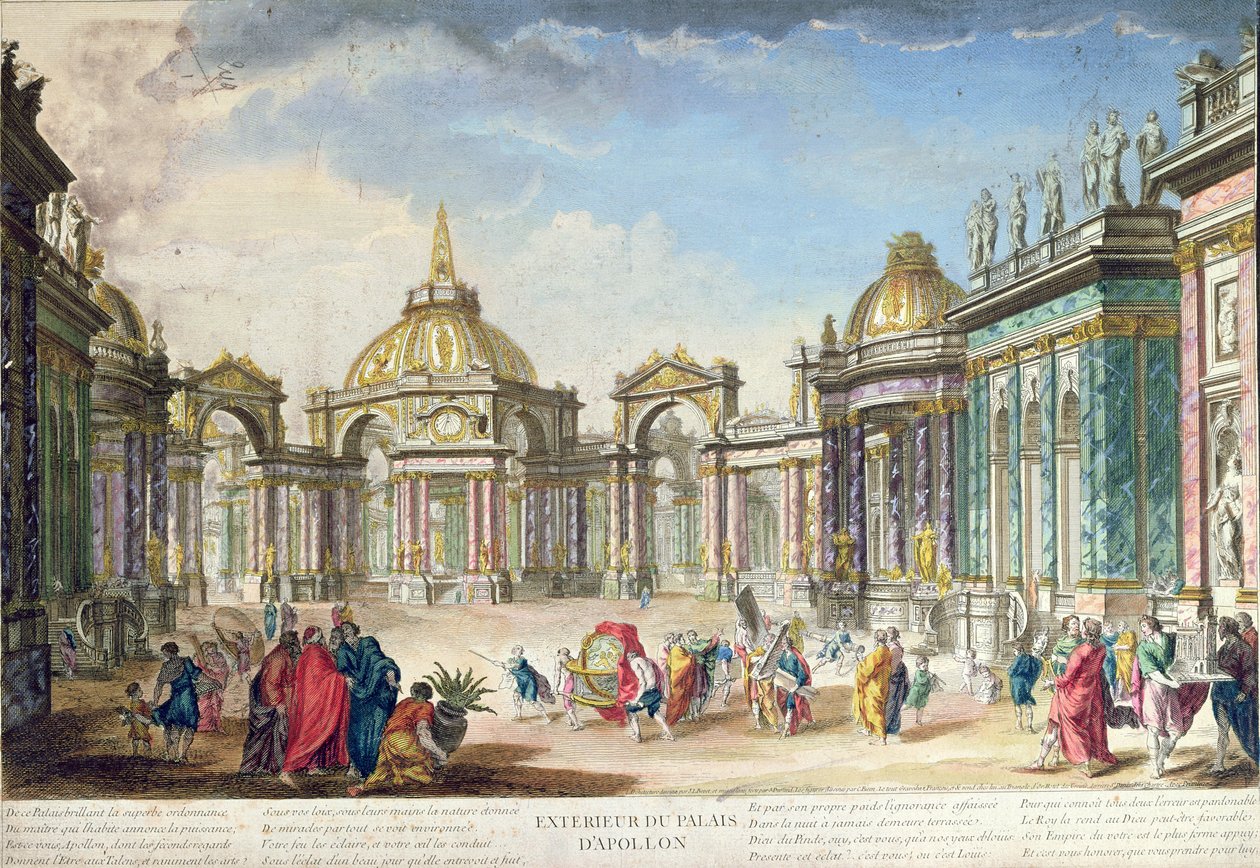 Cenografia para o exterior do Palácio Apollos, publicado em Paris, 1748 de French School