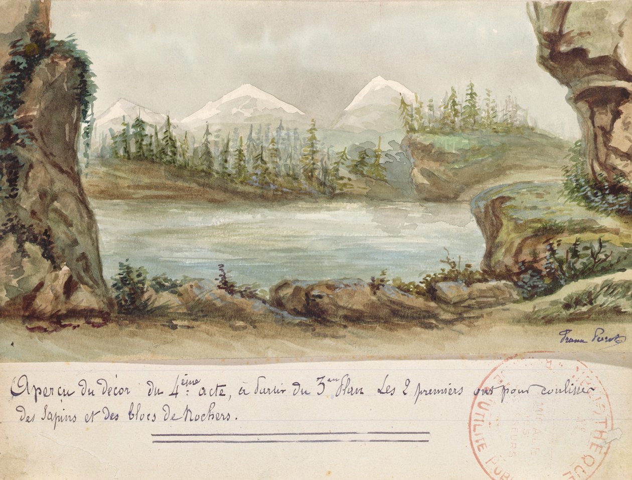 Cenografia do Ato IV da ópera Guilherme Tell, de Gioacchino Rossini (1792-1868), realizado no dia 3 de agosto de 1829 na Ópera de Paris (wc no papel) de French School