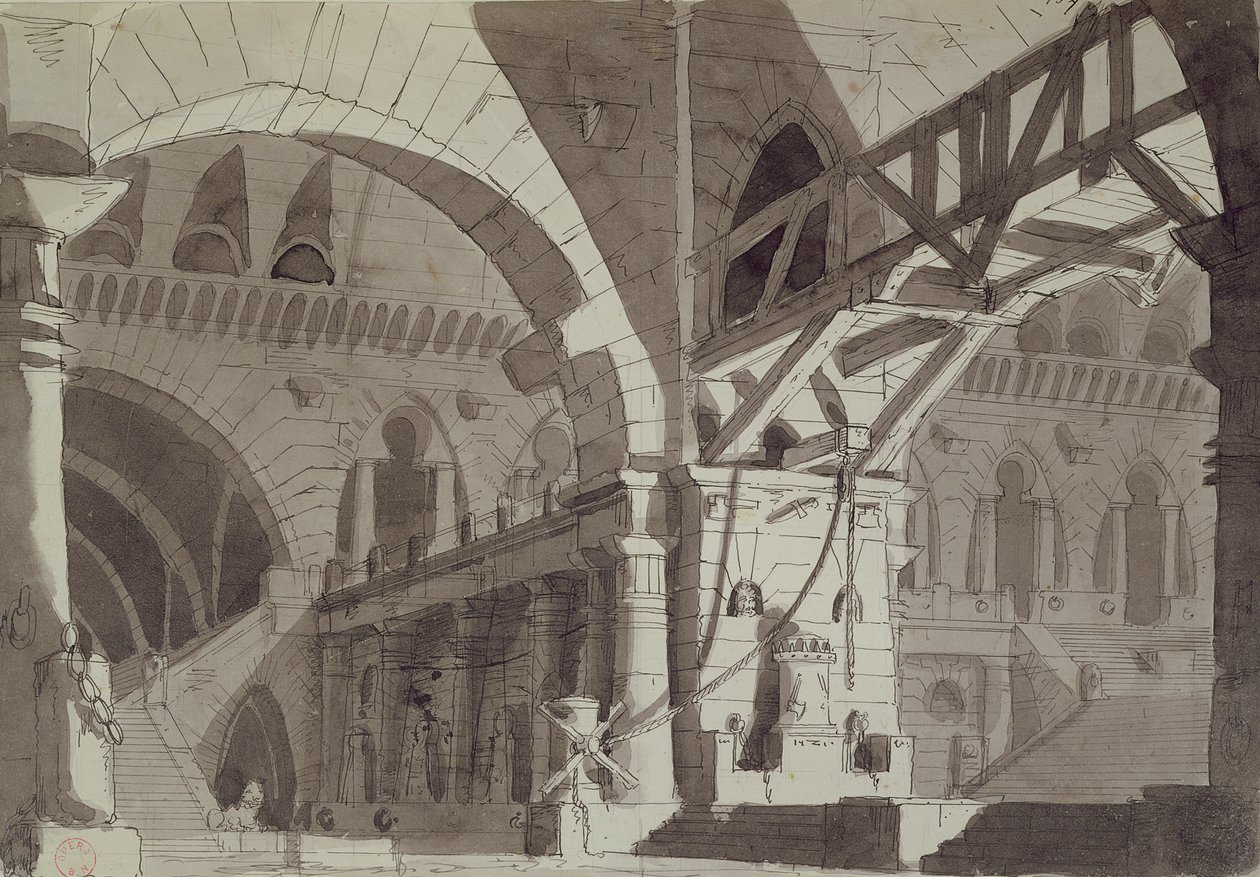 Cenografia no estilo dos desenhos da prisão de Piranesis, c.1800 (caneta, tinta e lavagem) de French School