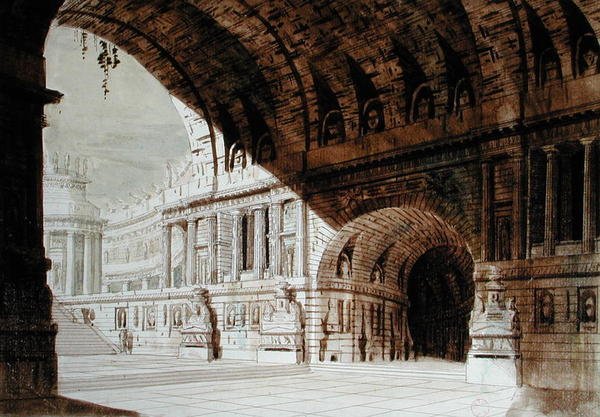 Set design inspirado na antiguidade, c.1800 (caneta e tinta e aquarela sobre papel) de French School