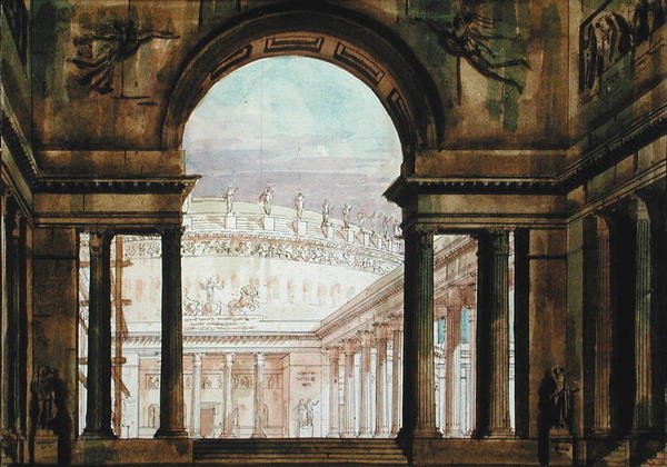 Set design inspirado na antiguidade, c.1800 (caneta e tinta e aquarela sobre papel) de French School