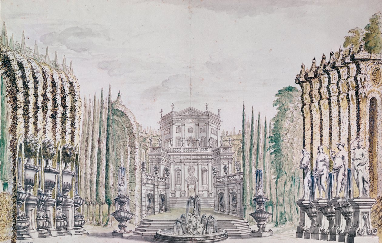 Cenografia de um palácio para um teatro, c.1660-80 (caneta e tinta e wc no papel) de French School