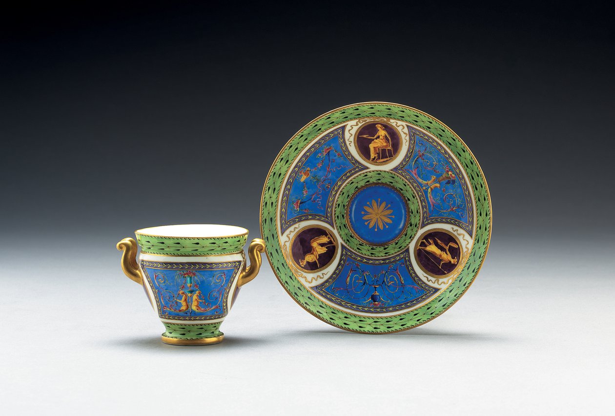 Sèvres bleu celeste e xícara e pires de duas alças verde-claro moído, 1790 de French School