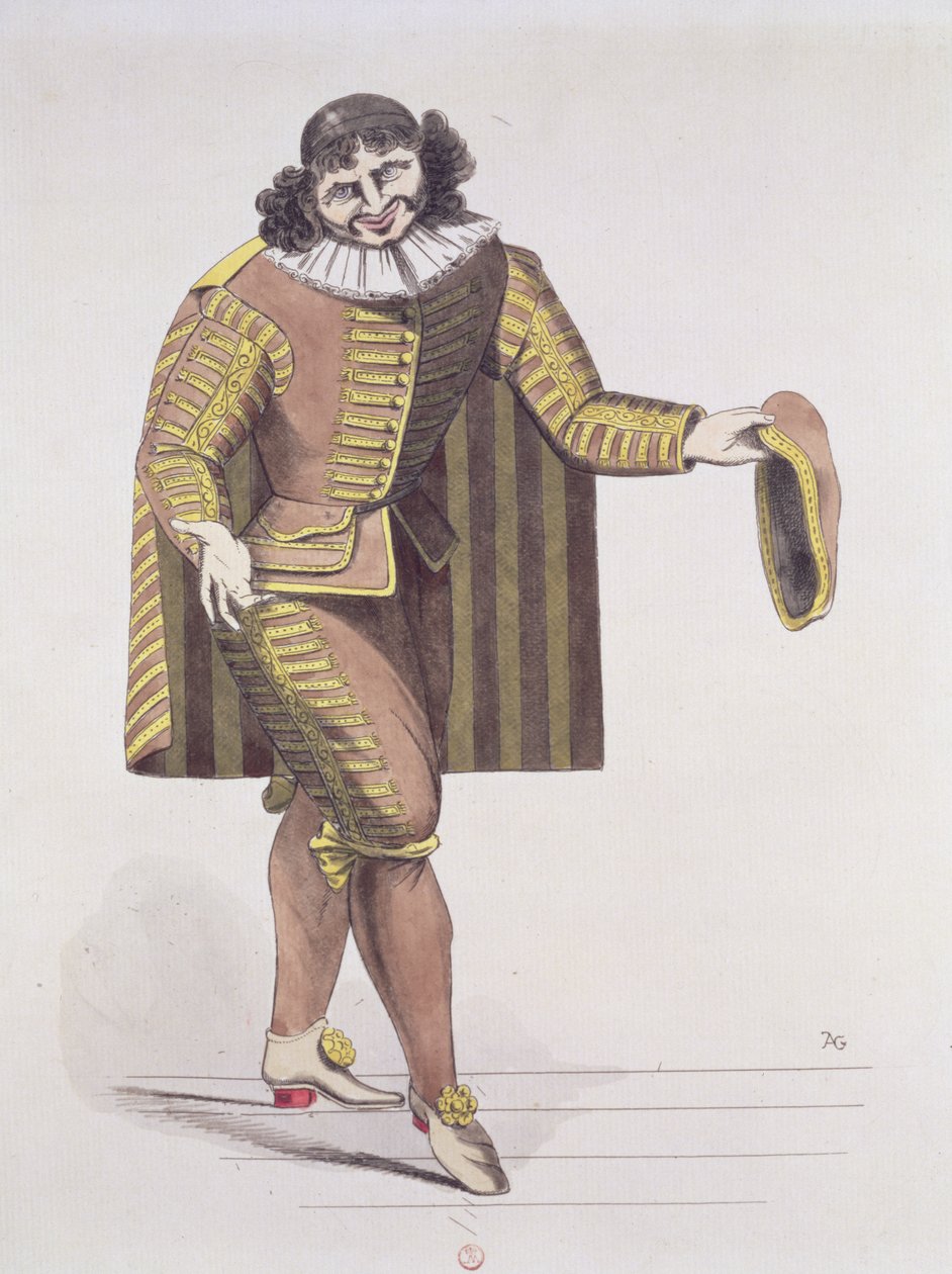 Sganarelle em LEcole des Maris por Molière, estreou em 24 de junho de 1661 no Palais-Royal Theatre, em Paris (caneta, tinta e wc no papel) de French School