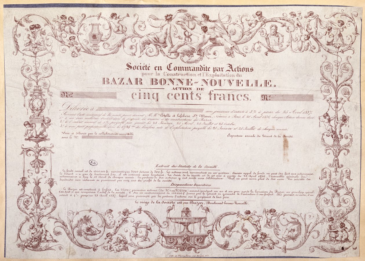 Certificado de ações por 500 francos para o Bazar Bonne-Nouvelle, 1836 de French School