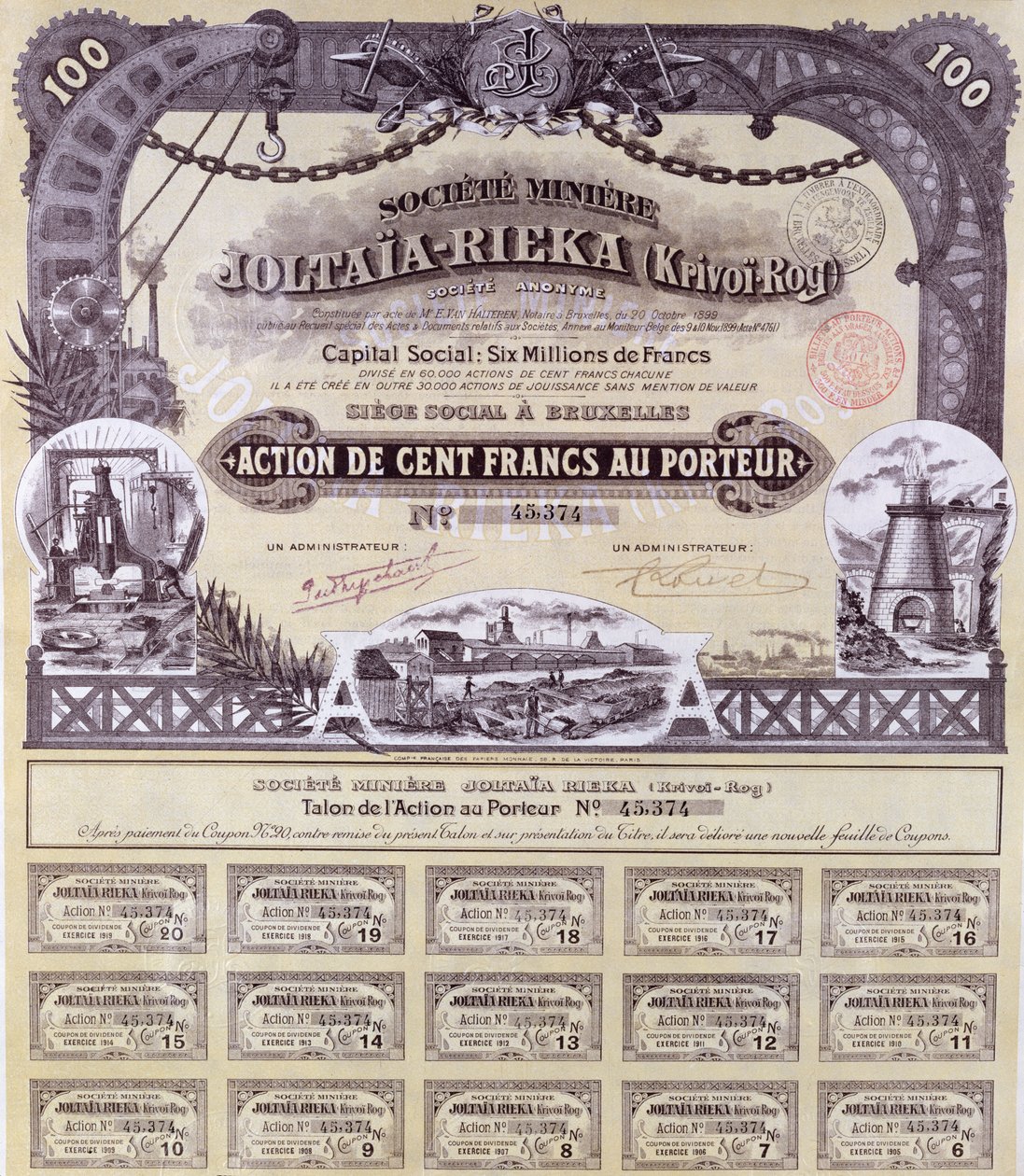 Certificado de ações por 100 francos para a mineradora franco-russa Joltaia-Rieka, 1899 de French School