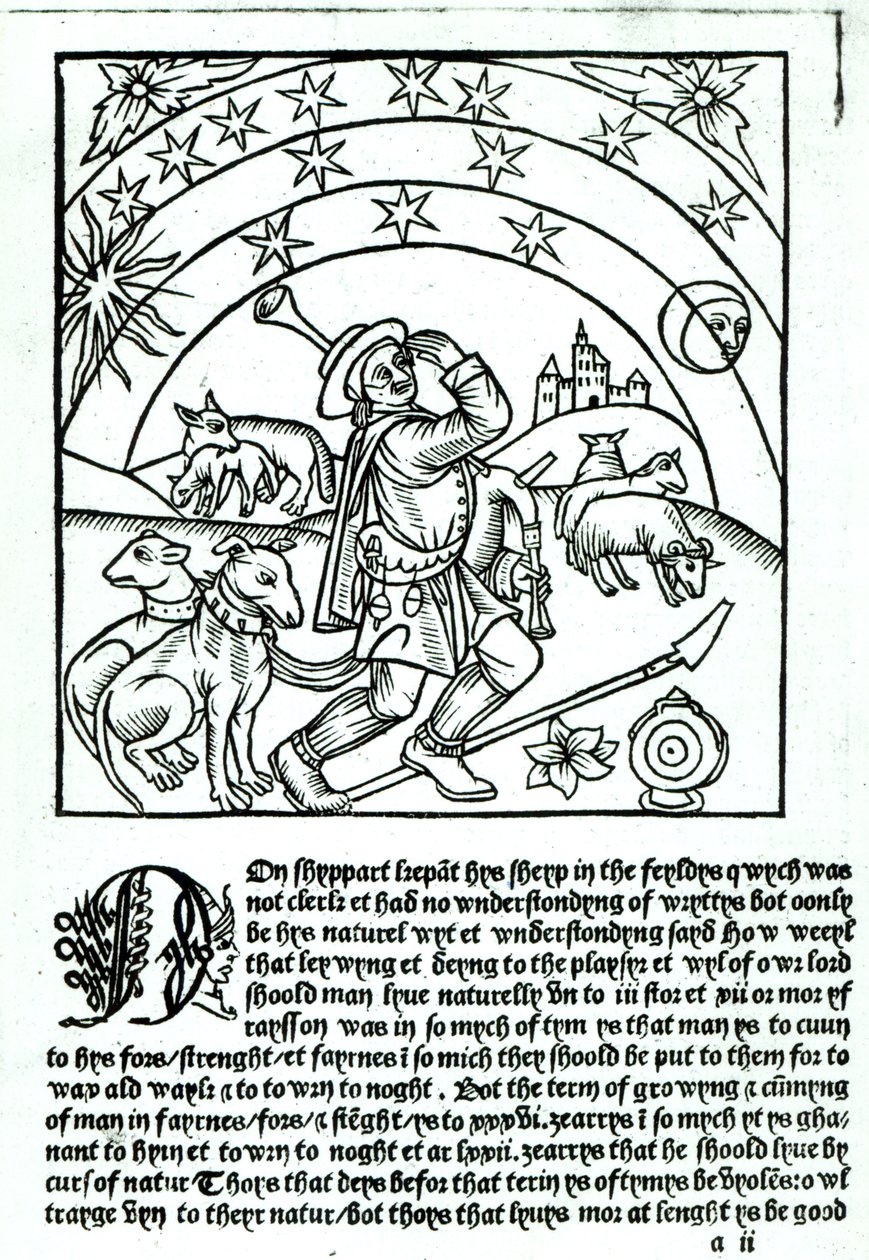 Pastor sob sol, lua e estrelas, de um calendário de pastores de French School