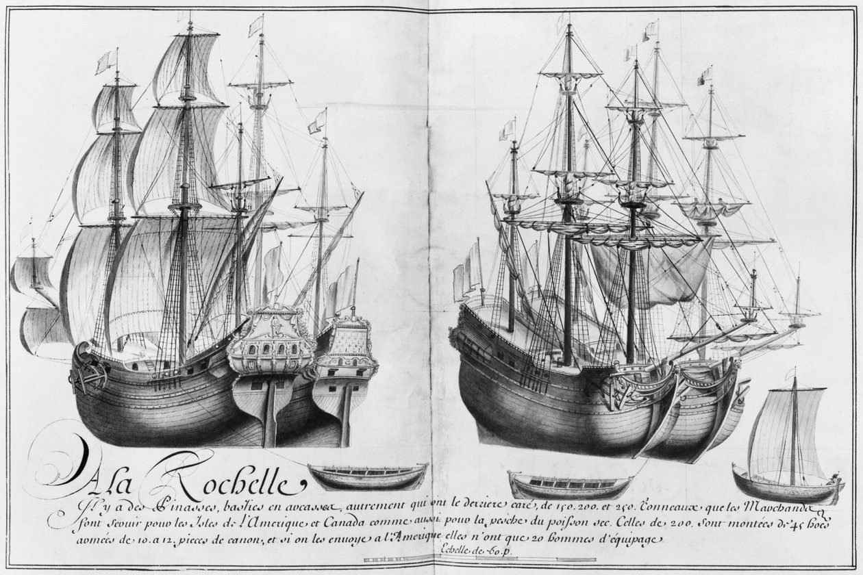 Navios conhecidos como &39;pinasses&39;, La Rochelle, ilustração de &39;Desenhos de diferentes formas de navios ... de Nantes a Bayonne ...&39;, 1679 (lápis e wc no papel) de French School