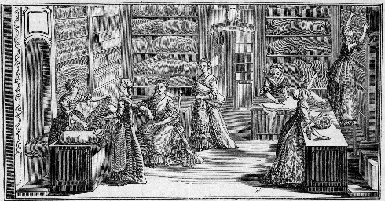 Loja de um "comerciante de moda" no século XVIII. Gravura em "La Marine et les colonies: comércio". de French School