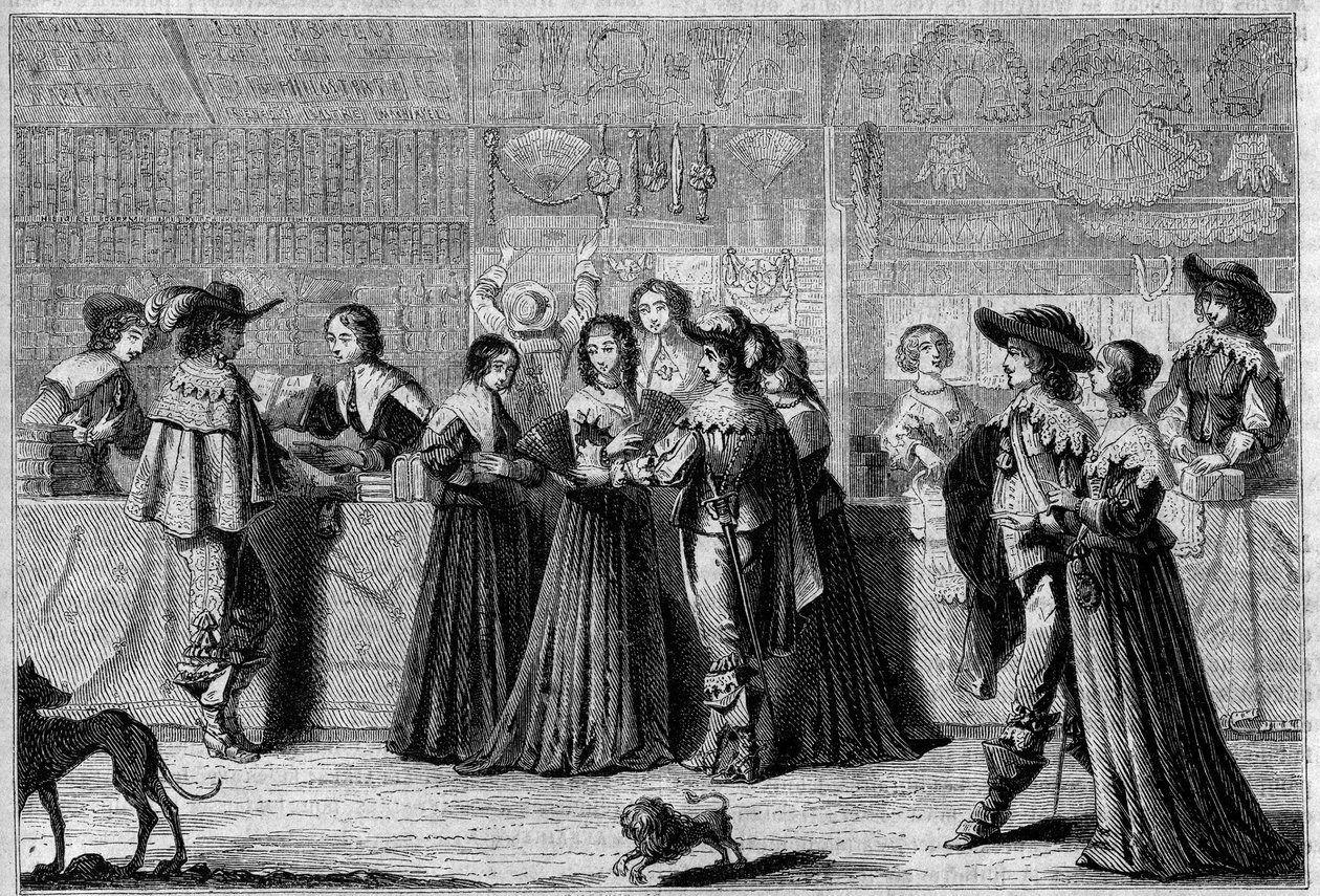 Lojas na Galerie du Palais (Paris), meados do século XVII. Da esquerda para a direita: uma livraria, uma livraria, uma loja de retrosaria, e uma loja de malandros, luvas e atacadores. Gravura de Foulquier em "Le Magasin pitoresco". de French School