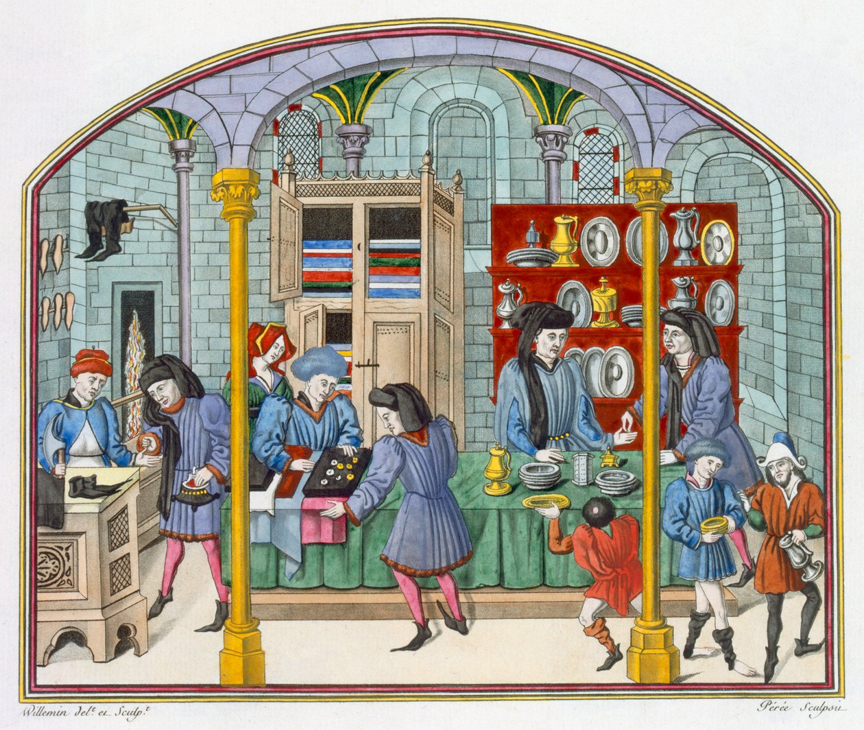 Lojas sob um Mercado Coberto, depois de uma miniatura em uma tradução do século 14 de Ética e Política de Aristóteles por Nicolas Oresme (c.1323-82) de French School