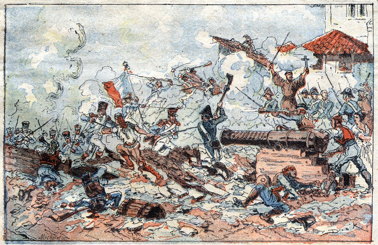 Cerco e captura de Saragoça (Zaragoza) na Espanha em fevereiro de 1809 pelas tropas napoleônicas. Gravura do século XIX. de French School