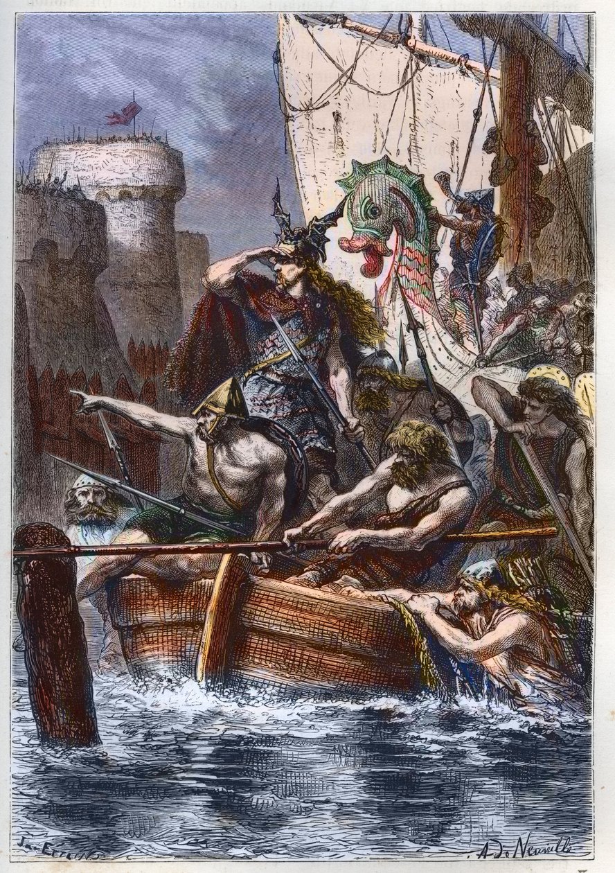 Siege de Paris (885-887): invasão dos Normandos (Vikings) em 886 - Viking raider Rollo (Rollon) o Ranger atacando Paris através do rio Sena 885 d.C. - gravura de "L