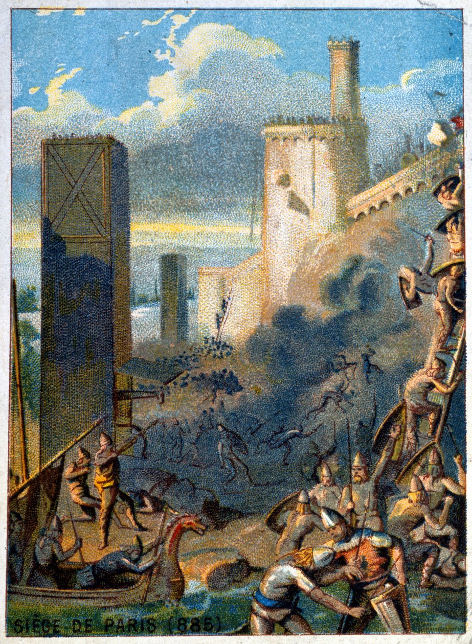 Sítio de Paris (885) pelos normandos (Viking). Cromolitografia da série "Educação Patriótica pela Imagem". de French School