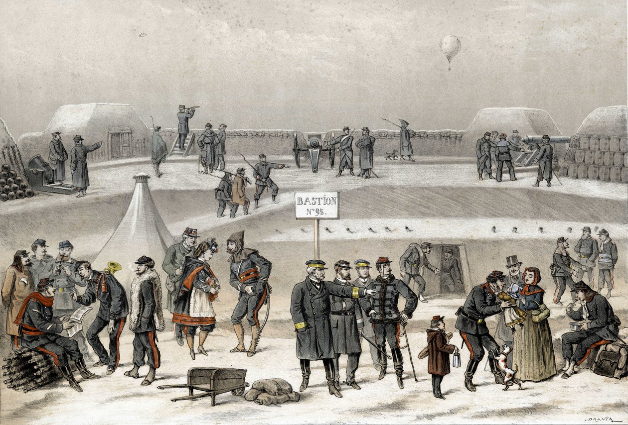 Cerco de Paris em 1870, durante a guerra de 1870-1871. Os soldados preparam a defesa da cidade: é possível ver um soldado no bunker. de French School