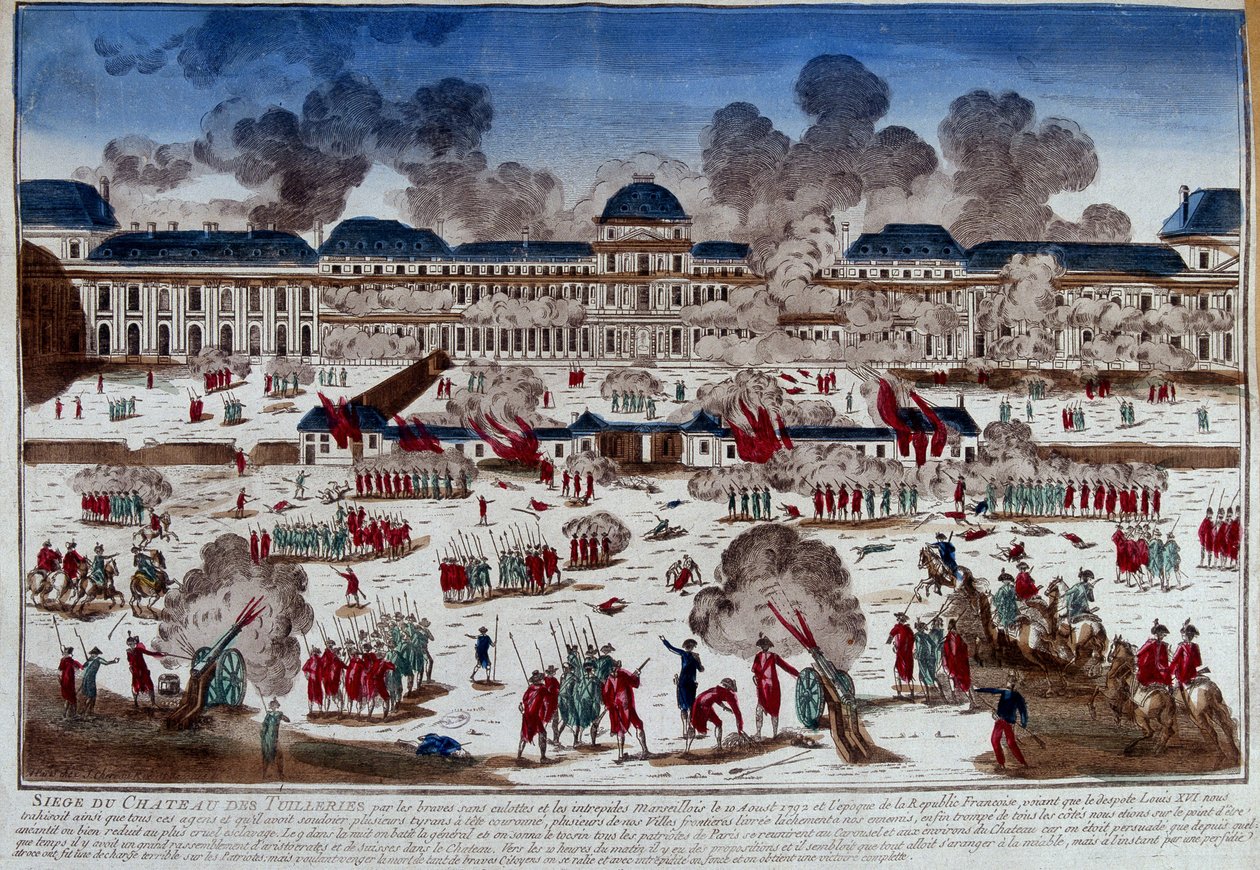 Cerco do castelo (palácio) das Tuileries em 10 de agosto de French School