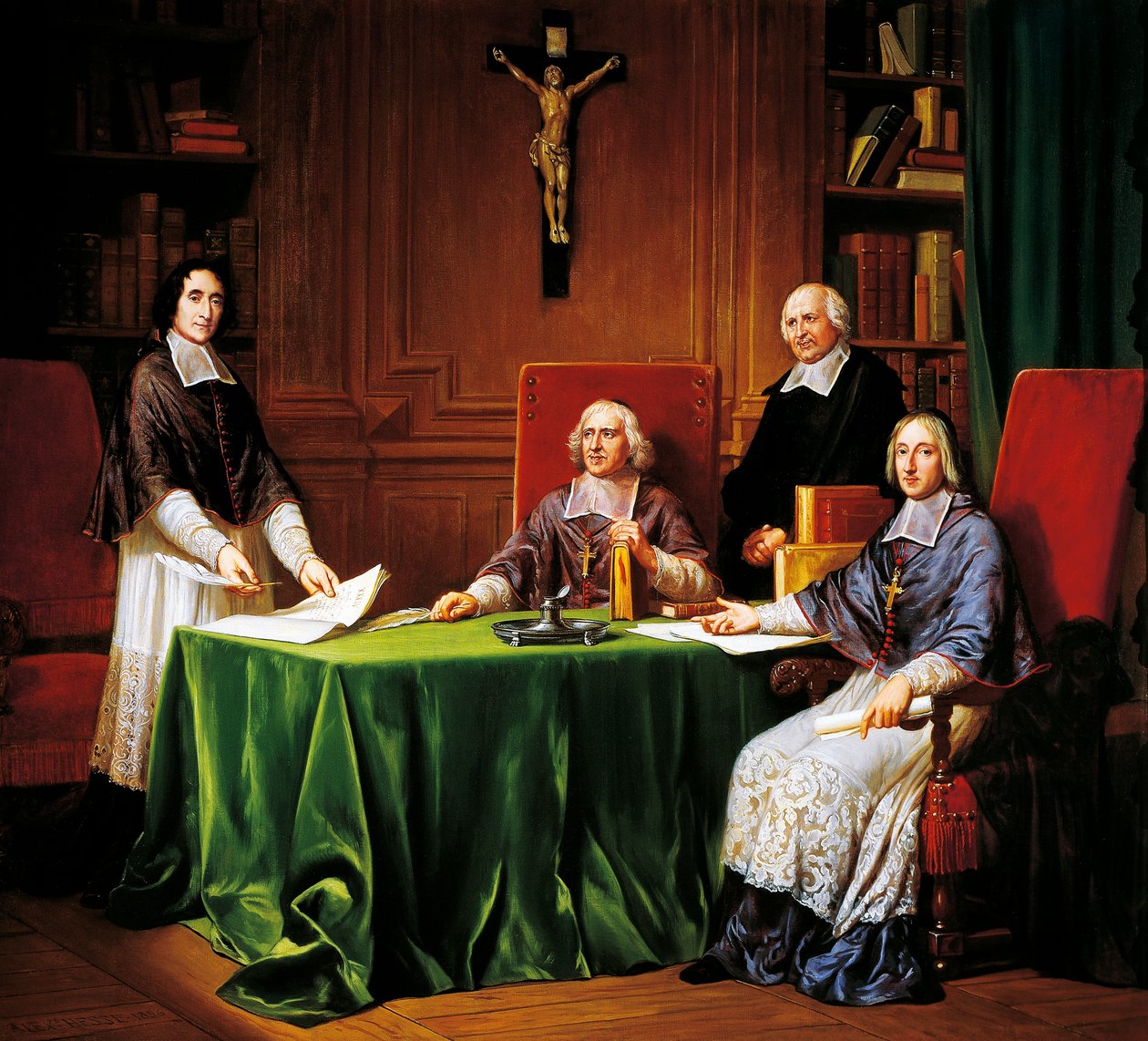Assinatura dos Artigos de Emissão conferência realizada em 1697 entre Jacques Benigne Bossuet (Bispo de Meaux), Louis-Antoine Noailles (Bispo de Chalons) François Fenelon (Arcebispo de Cambrai) de French School