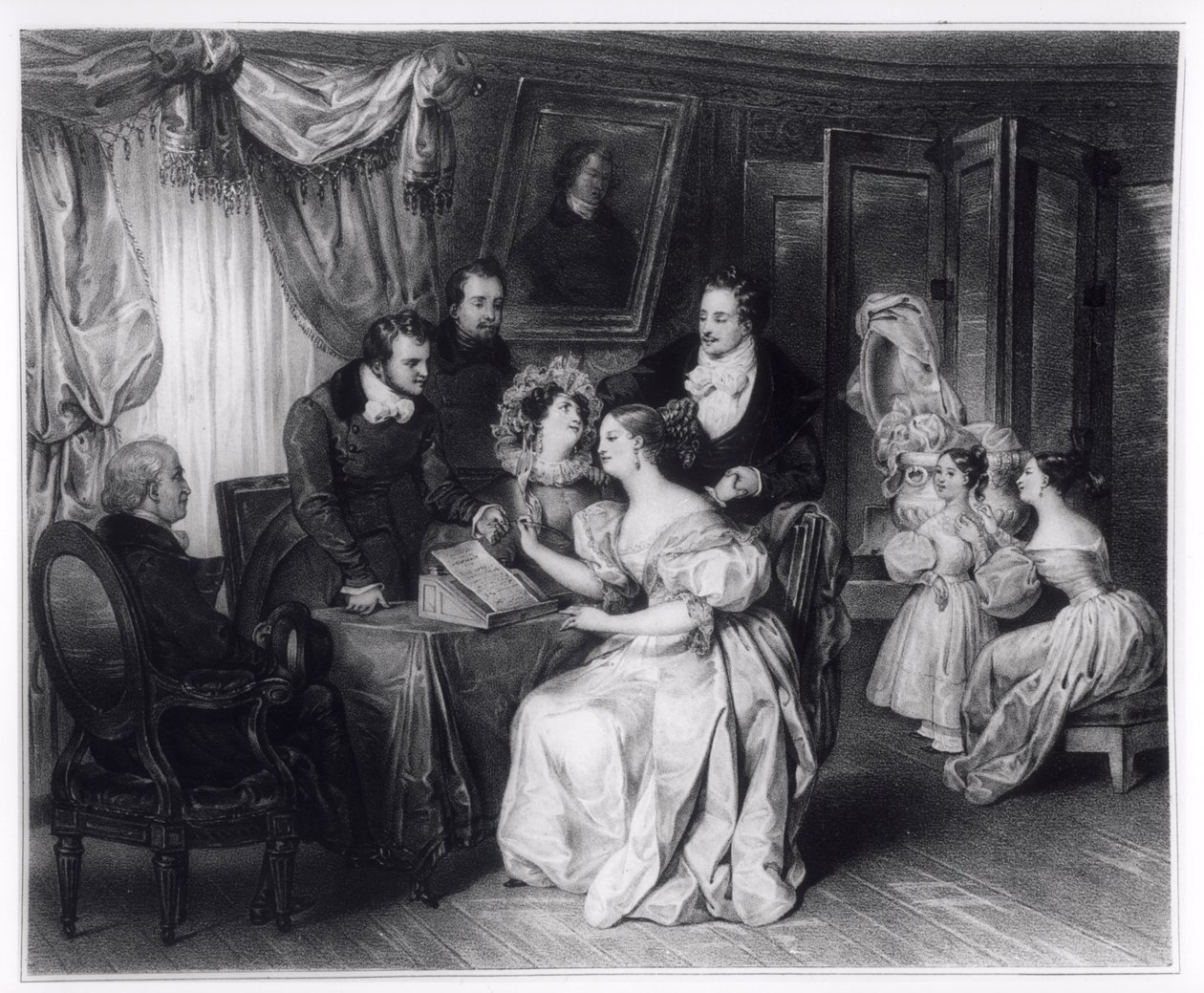 Assinatura do contrato de casamento no escritório dos solicitadores, c.1840 de French School