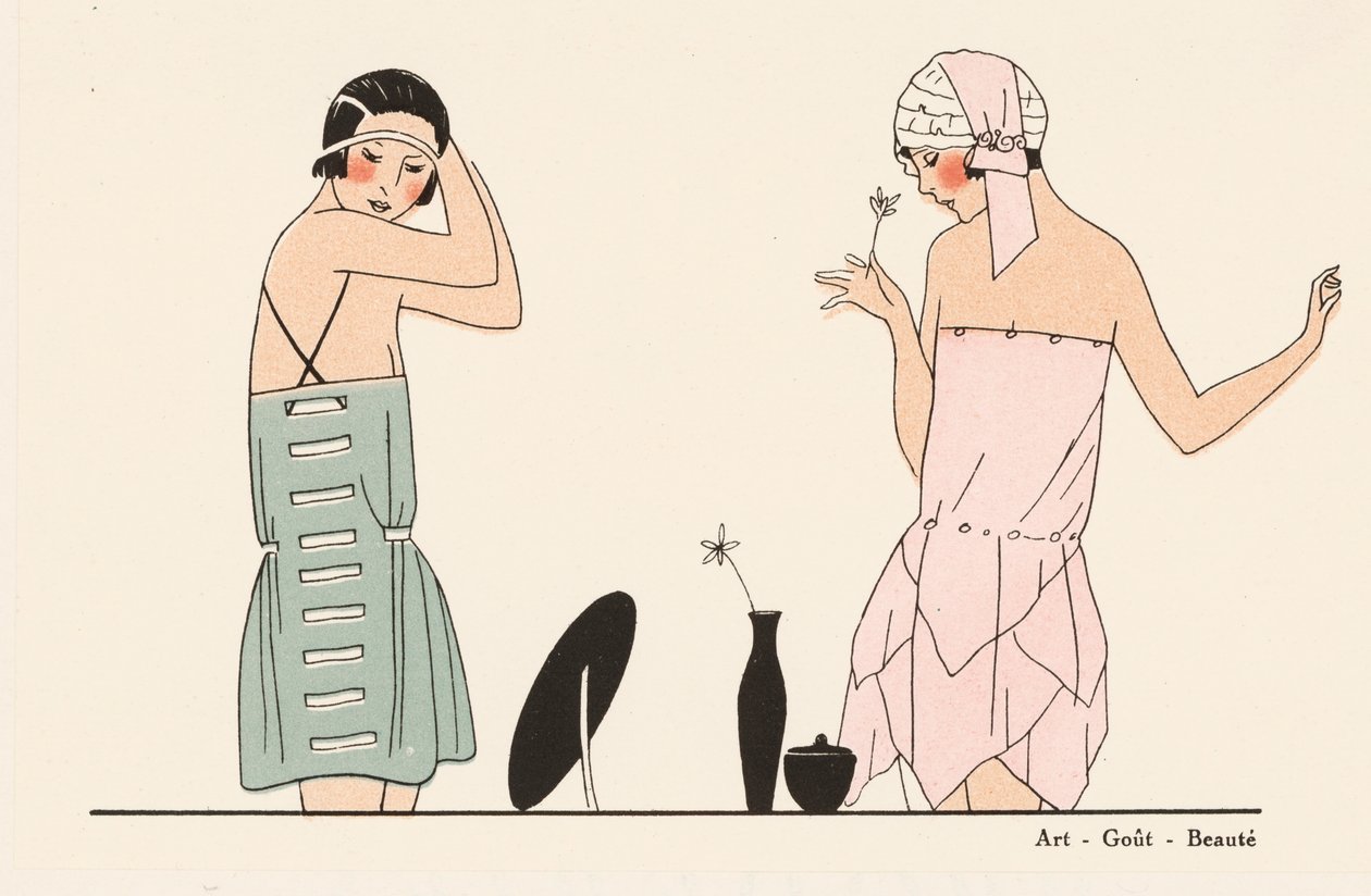 Moda de lingerie em seda dos anos 20 (litografia a cores) de French School