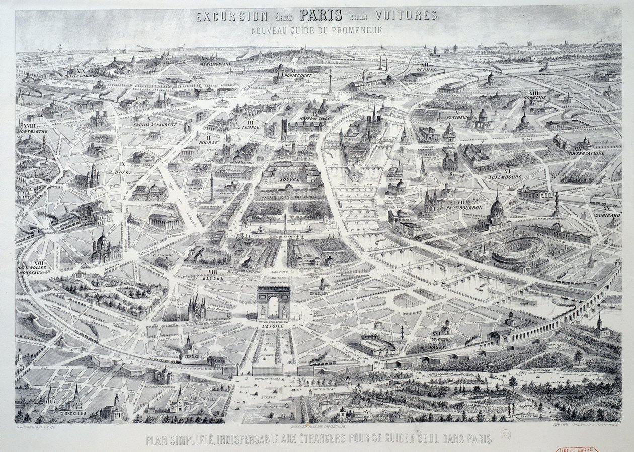 Plano simplificado de Paris indispensável aos estranhos para se orientarem sozinhos na cidade. Placa retirada de "Novo guia do caminhante, excursão de Paris sem carro" Paris do século XX, Musee Carnavalet de French School