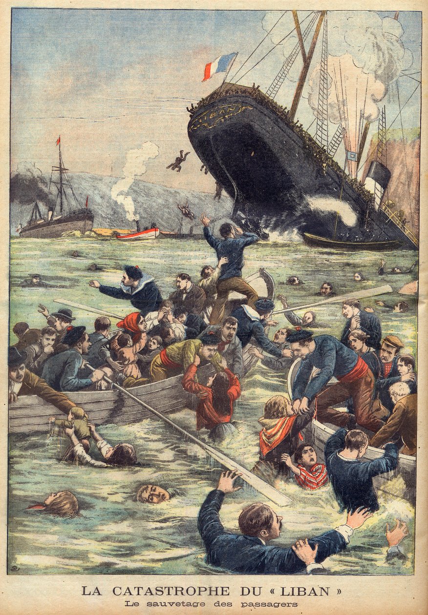 Afundamento do navio a vapor Liban ao largo de Marselha, passageiros a serem resgatados no "Le Petit Journal" du 21/06/1903 (gravura) de French School