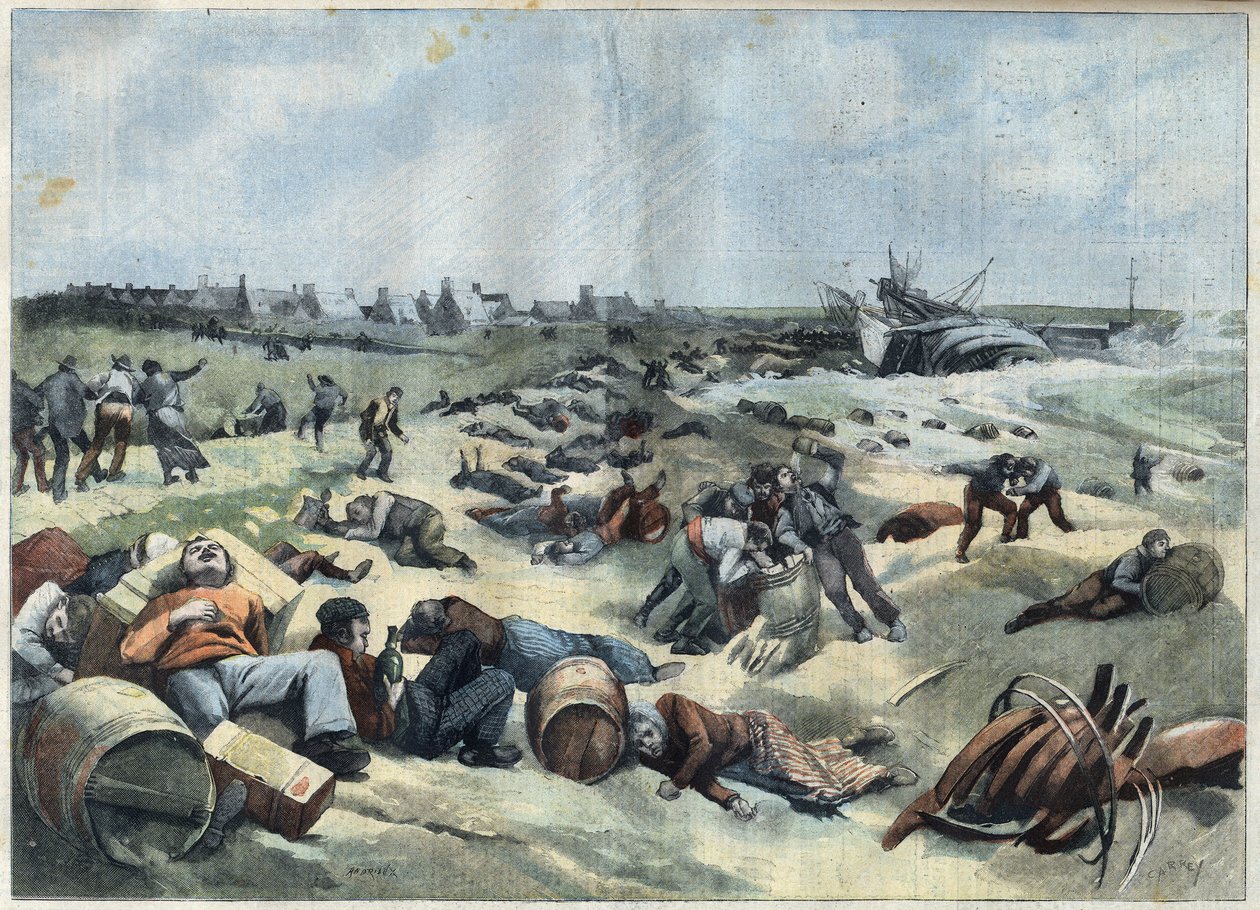 Afundamento na ilha de Wight: pilhagem de um tijolo francês carregado de vinhos pelos habitantes da ilha, em "Le Petit Parisien". de French School