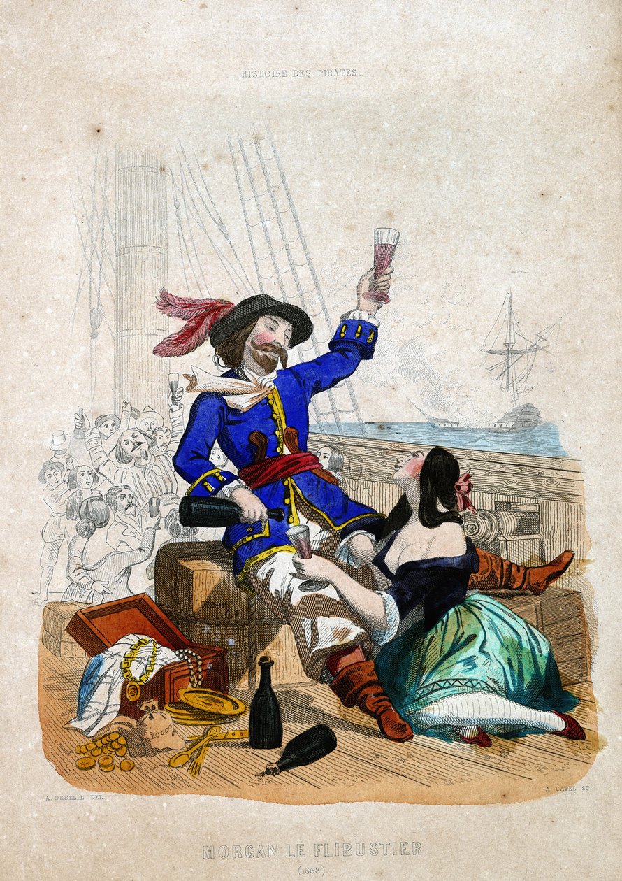 Sir Henry Morgan (1635-1688) (Morgan, o flibustier): natural do País de Gales em "History of Pirates and Privateers of the Ocean and the Mediterranean", de P. Christian. de French School
