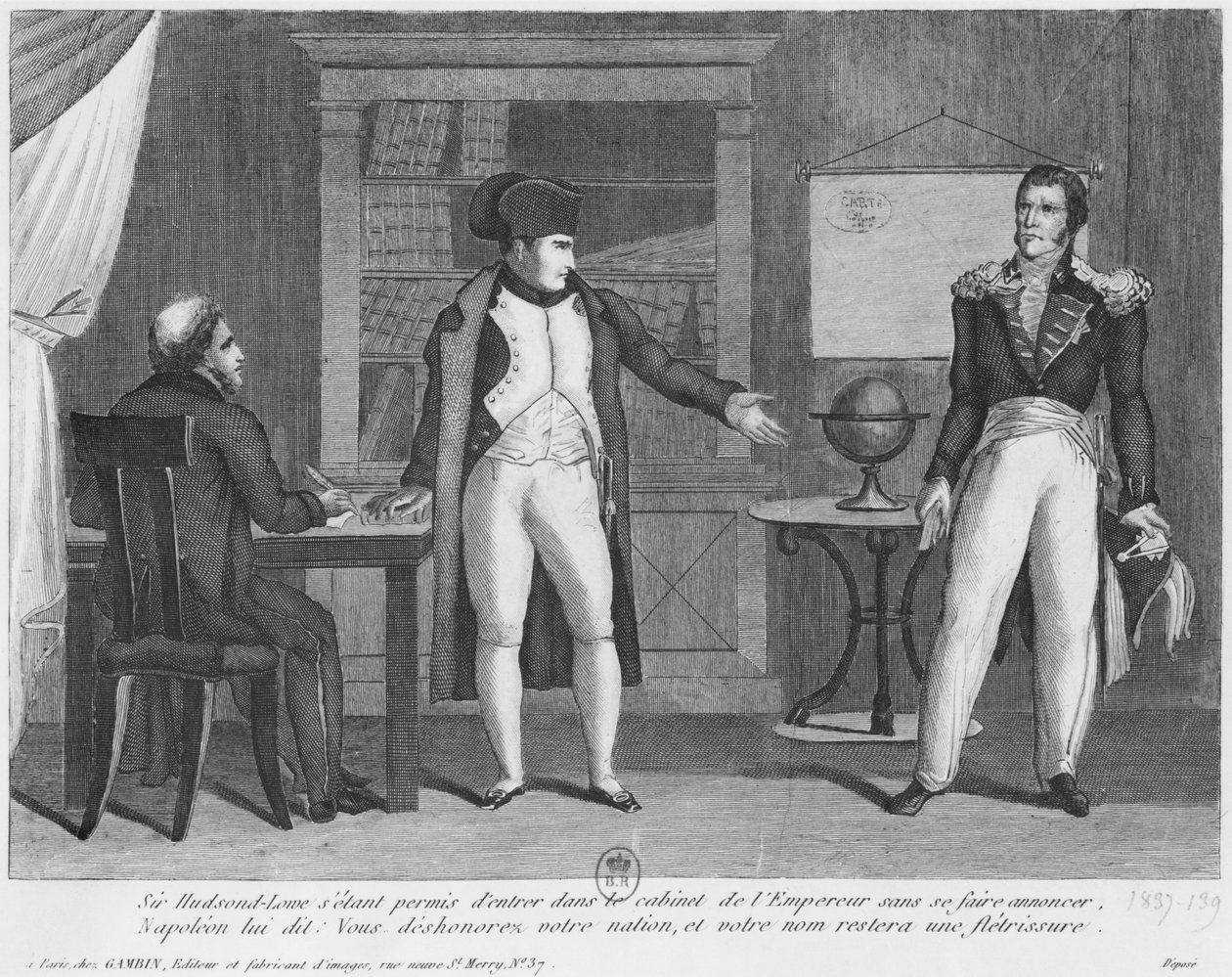Sir Hudson Lowe vindo no estudo de Napoleão I (1769-1821) na ilha de Santa Helena sem se anunciar de French School