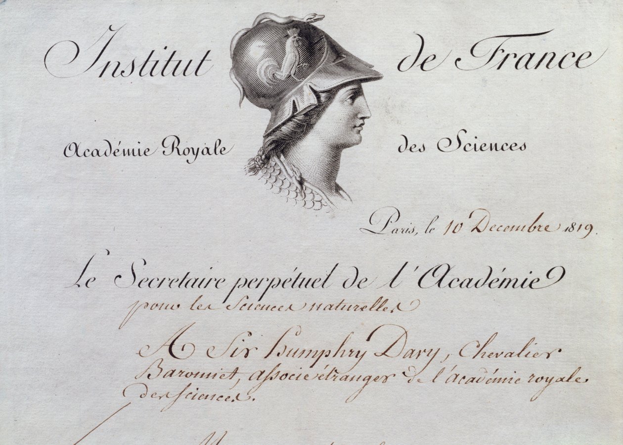 Certificado de Filiação de Sir Humphry Davy (1778-1829) ao Institut de France, 10 de dezembro de 1819 de French School