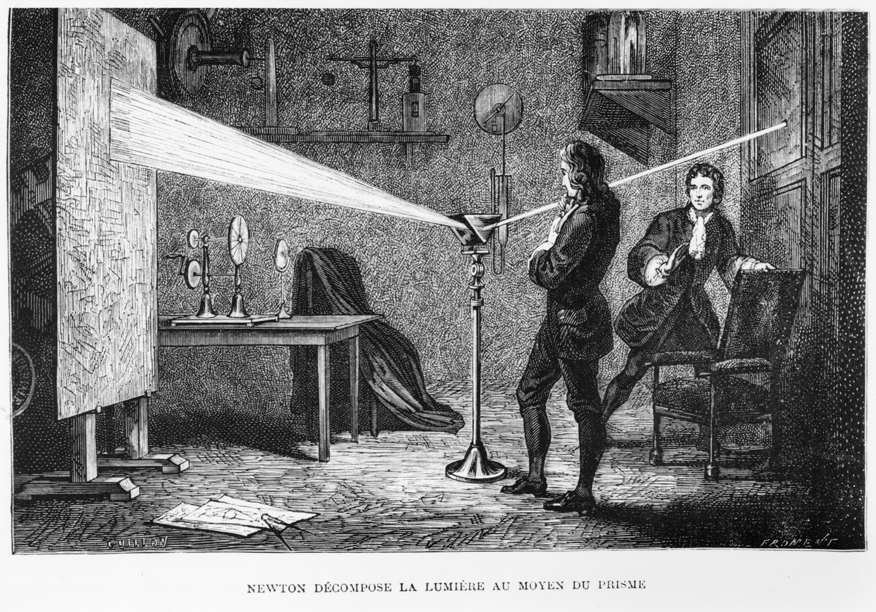 Sir Isaac Newton (1642-1727), quebrando a luz através de um prisma, ilustração de La Vie des Savants Illustres, de Louis Figuier, 1868 de French School