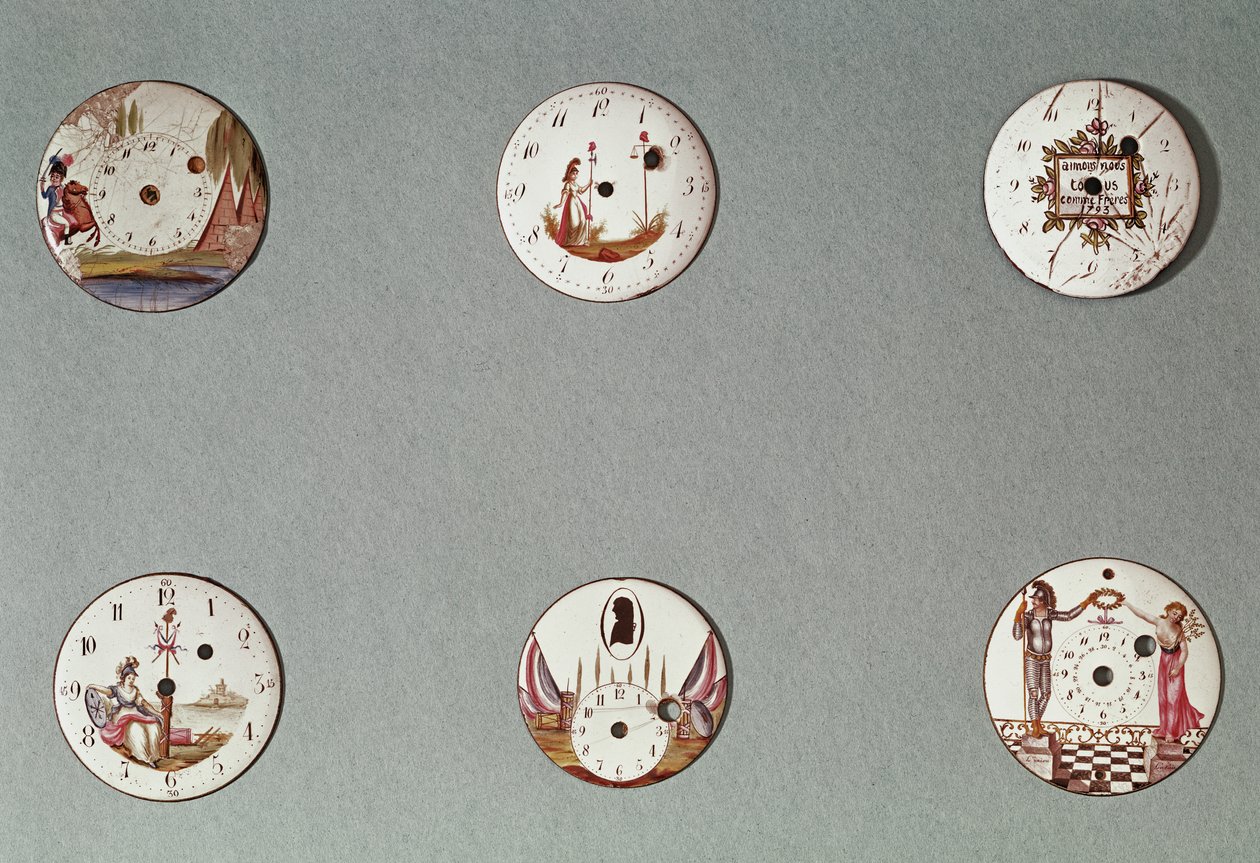 Seis relógios de bolso decorados com símbolos revolucionários (metal e esmalte) de French School